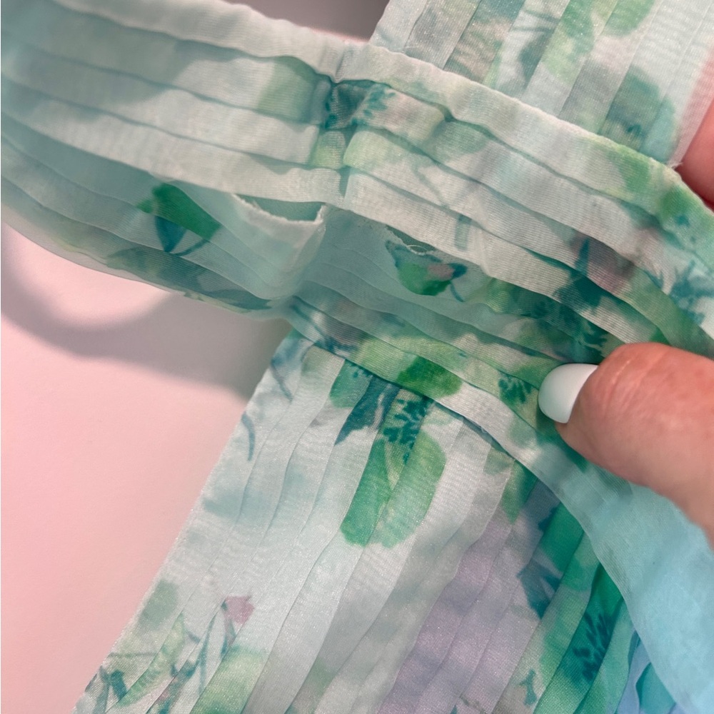 THEIA Pleated Chiffon Dress Blue Green Watercolor Halter Midi 4 Wedding Guest - Picture 6 of 15